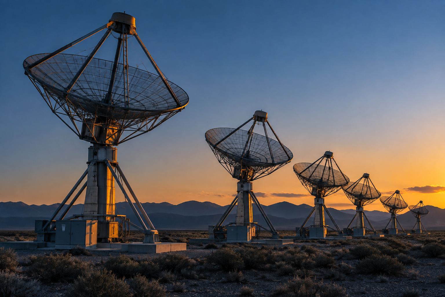 Illustration: receiving antenna dishes against an evening sky